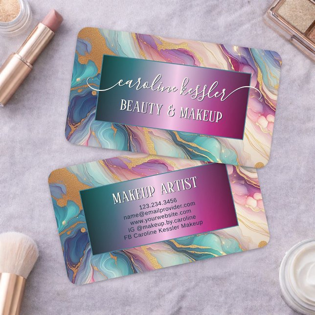 Pink Purple Turquoise Teal Blue Gold Marbled Business Card (Creator Uploaded)