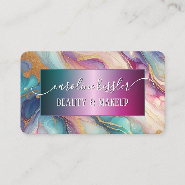 Pink Purple Turquoise Teal Blue Gold Marbled Business Card (Front)