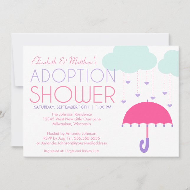 Pink Purple Umbrella Adoption Shower Invitation (Front)