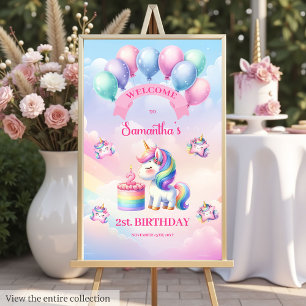 Pink Purple Unicorn 2nd Birthday Welcome Poster