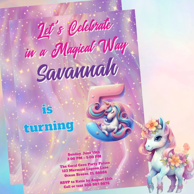Pink Purple Unicorn 5th Birthday Party Invitation (Magical Unicorn Birthday Party Invitation)