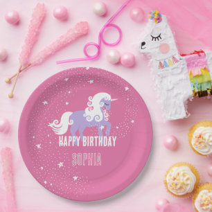 Pink Purple Unicorn Birthday Paper Plates