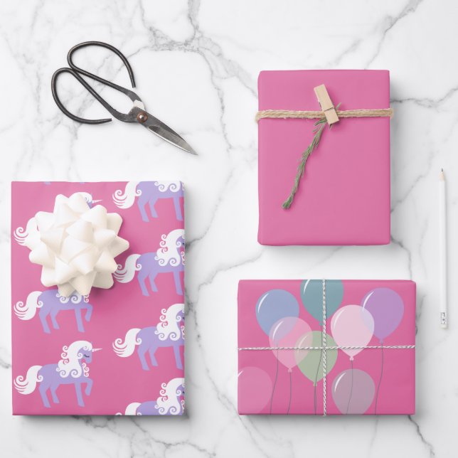 Pink Purple Unicorn Birthday Wrapping Paper Sheets (Front)