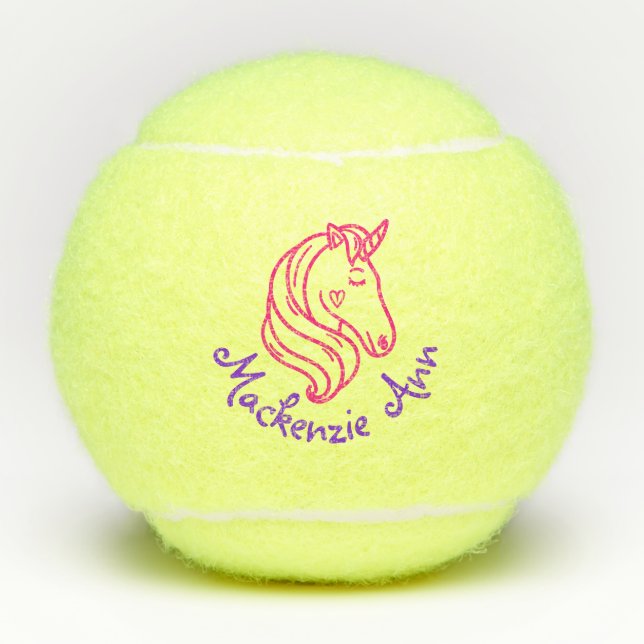 Pink Purple Unicorn Cute Personalized Kids Name Tennis Balls (Front)