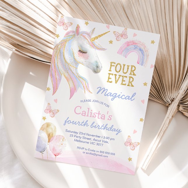 Pink Purple Unicorn Four Ever Magical 4th Birthday Invitation (Girls Unicorn Four Ever Magical 4th Birthday Invitation Template, Unicorn Themed 4th Birthday Invite)