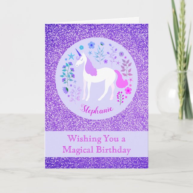 Pink Purple Unicorn Glitter Happy Birthday Card (Front)