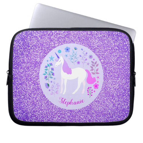 Pink Purple Unicorn Glitter Personalized Laptop Sleeve