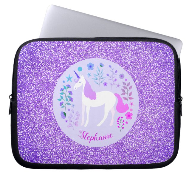 Pink Purple Unicorn Glitter Personalized Laptop Sleeve (Front)