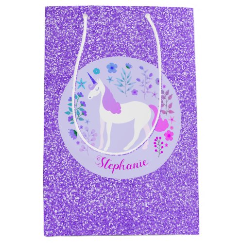 Pink Purple Unicorn Glitter Personalized Medium Gift Bag