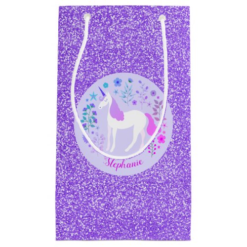 Pink Purple Unicorn Glitter Personalized Small Gift Bag