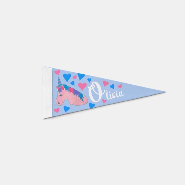 Pink Purple Unicorn Horn Hearts Personalized Room Pennant Flag (Front)