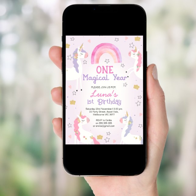 Pink Purple Unicorn One Magical Year 1st Birthday  Invitation (Front Digital)