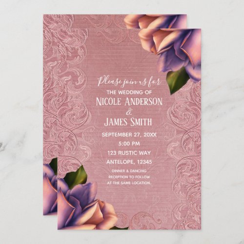 Pink Purple Vintage Antique Rose Elegant Wedding Invitation