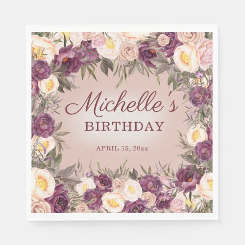 Pink Purple Vintage Peonies Floral Happy Birthday Napkins