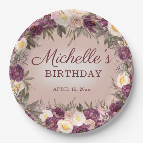 Pink Purple Vintage Peonies Floral Happy Birthday Paper Plates