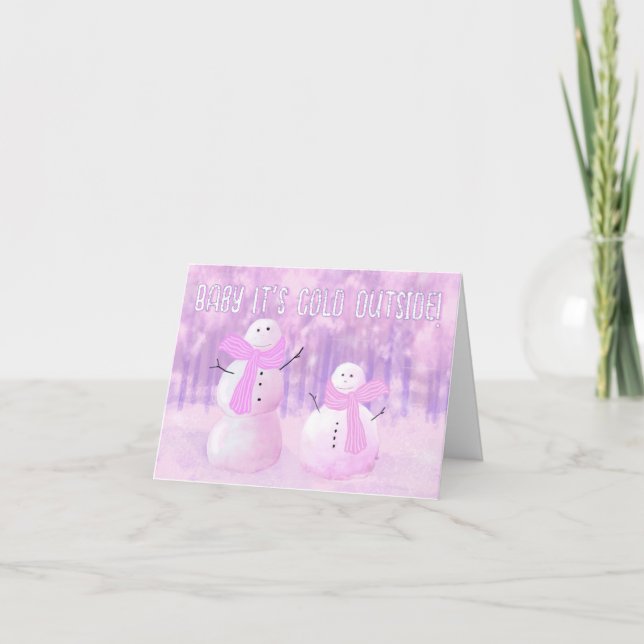 Pink Purple Vintage Snowmen Customized  Holiday Card (Front)