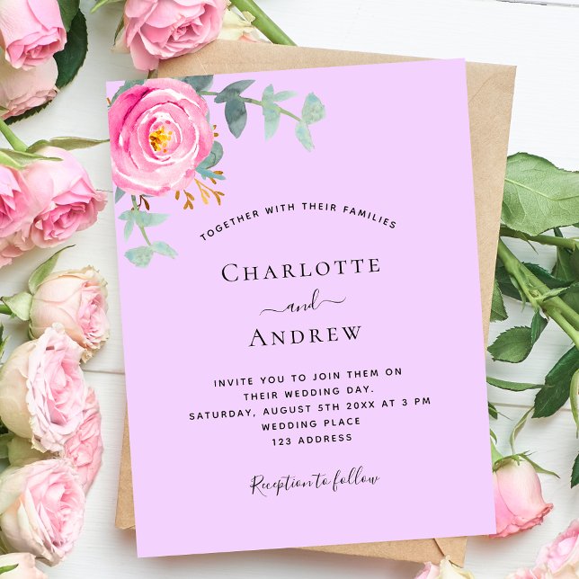Pink purple violet rose budget wedding invitation (Creator Uploaded)
