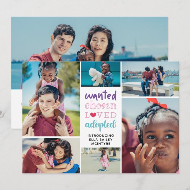 Pink Purple Wanted Chosen Loved Adopted Photos Announcement (Front/Back)
