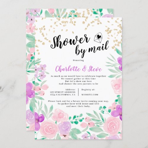 Pink purple watercolor baby shower by mail invitation