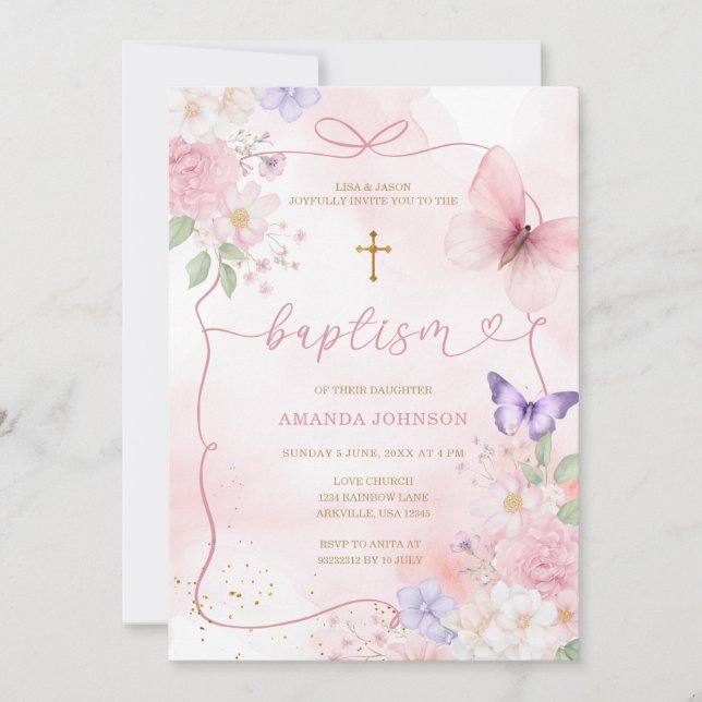 Pink Purple Watercolor Bow Watercolor Girl Baptism Invitation (Front)