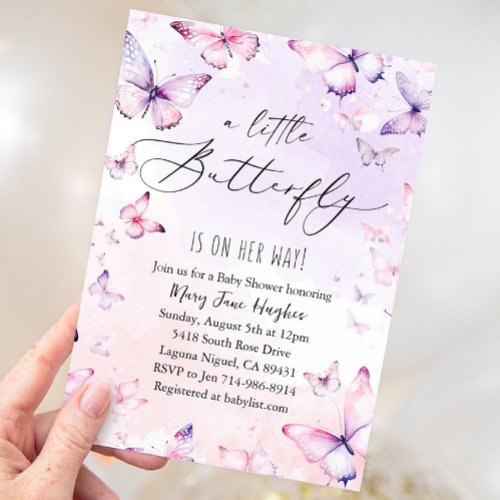 Pink Purple Watercolor Butterfly Baby Shower Invitation