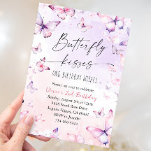 Pink Purple Watercolor Butterfly Kisses Birthday