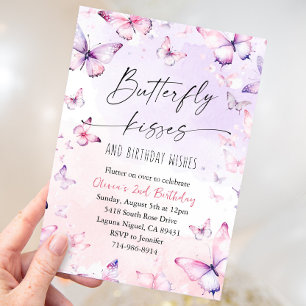 Pink Purple Watercolor Butterfly Kisses Birthday Invitation