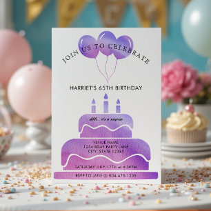 Pink Purple Watercolor Cake Balloons 65th Birthday Invitation