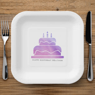 Pink & Purple Watercolor Cake Happy Birthday Paper Plates