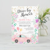 Pink purple watercolor car baby drive by shower invitation (Standing Front)