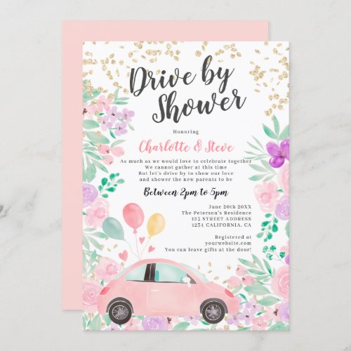 Pink purple watercolor car baby drive by shower invitation