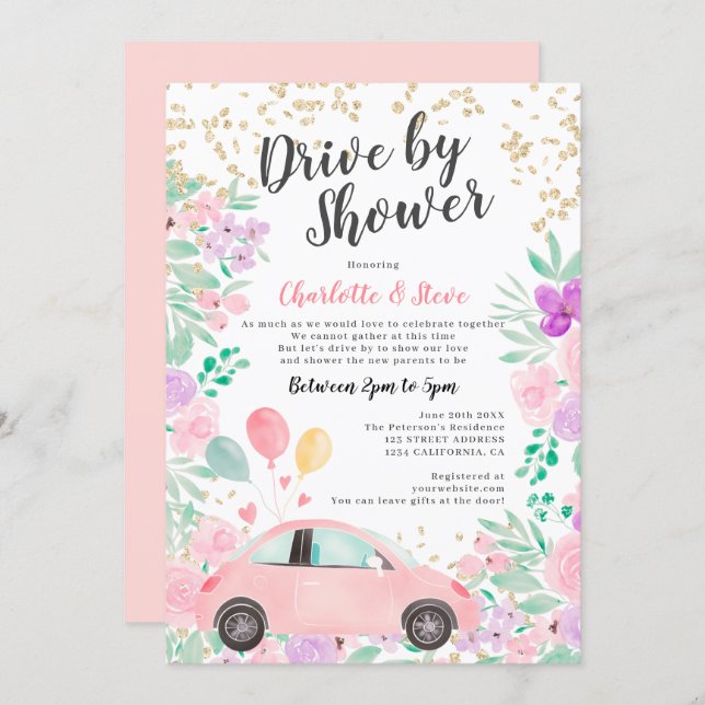 Pink purple watercolor car baby drive by shower invitation (Front/Back)