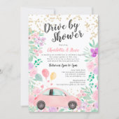 Pink purple watercolor car baby drive by shower invitation (Front)