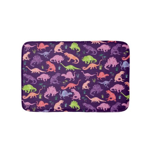 Pink Purple Watercolor Dinosaur Silhouette Kids Bath Mat