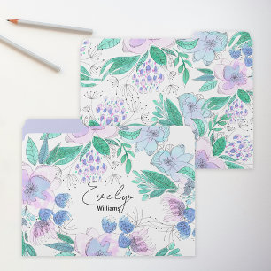 Pink Purple Watercolor Doodle Blossoms and Leaves File Folder