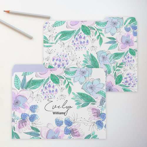 Pink Purple Watercolor Doodle Blossoms and Leaves  File Folder