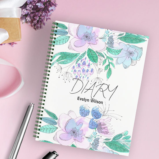 Pink Purple Watercolor Doodle Blossoms and Leaves 