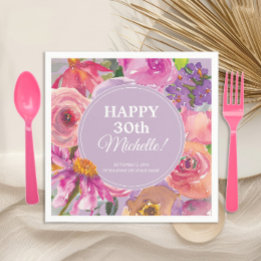 Pink Purple Watercolor Floral 30th Birthday Napkins