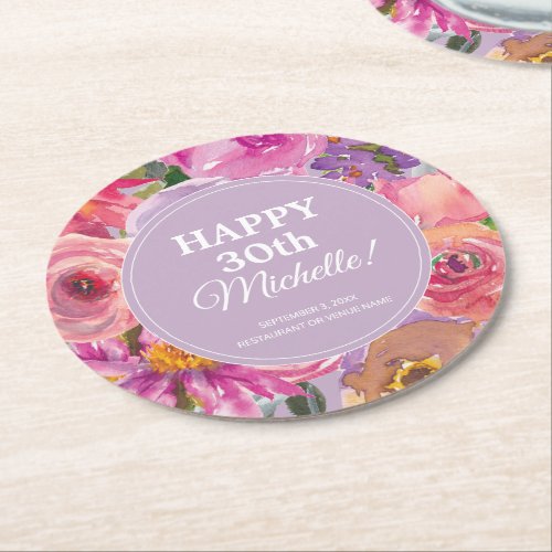 Pink Purple Watercolor Floral 30th Birthday Round Paper Coaster