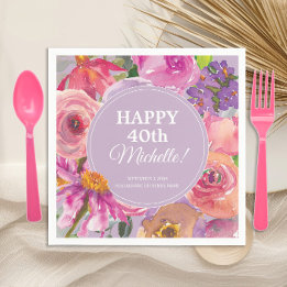 Pink Purple Watercolor Floral 40th Birthday Napkins
