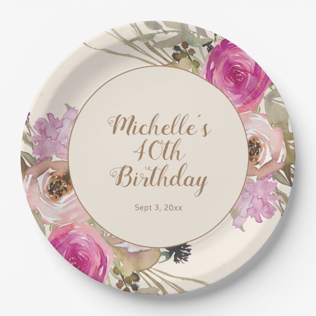 Pink Purple Watercolor Floral 40th Birthday Paper Plates (Front)