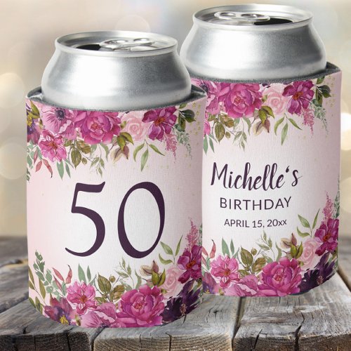 Pink Purple Watercolor Floral 50th Birthday Favors Can Cooler