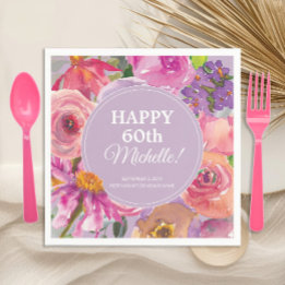 Pink Purple Watercolor Floral 60th Birthday Napkins