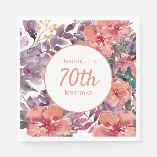 Pink Purple Watercolor Floral 70th Birthday   Napkins