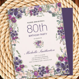 Pink Purple Watercolor Floral 80th Birthday Invitation