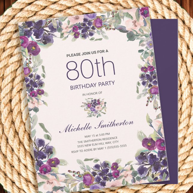 Pink Purple Watercolor Floral 80th Birthday Invitation (Rustic purple and pink watercolor floral 80th birthday party invitation for women.)