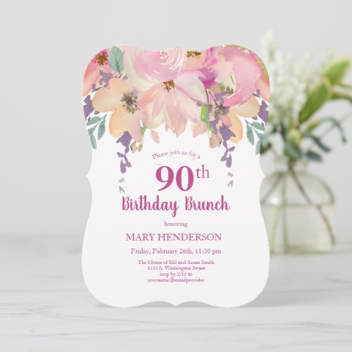Pink Purple Watercolor Floral 90th Birthday Brunch Invitation