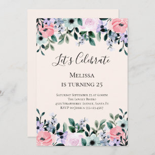 Pink & Purple Watercolor Floral Border Birthday Invitation