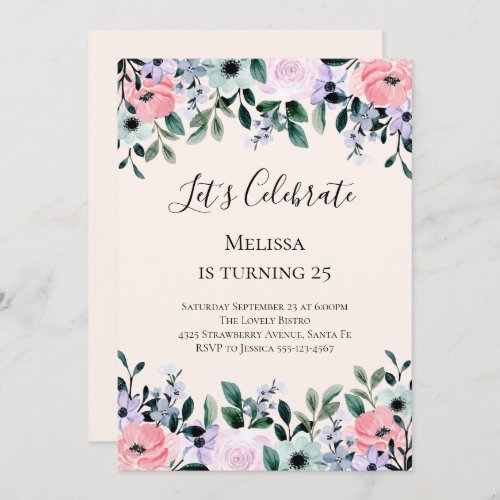 Pink  Purple Watercolor Floral Border Birthday Invitation