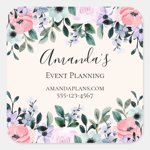 Pink  Purple Watercolor Floral Border Business Square Sticker